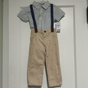 Carters Boys Blue Striped Collared Shirt with Khakis with Anchors & Suspenders